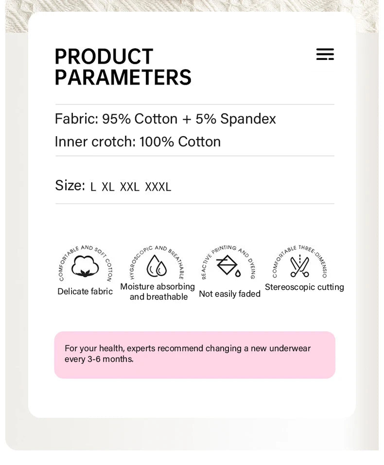 Cotton boyshorts: 95% cotton + 5% spandex; inner crotch 100% cotton; sizes L–XXXL; moisture-absorbing and breathable.