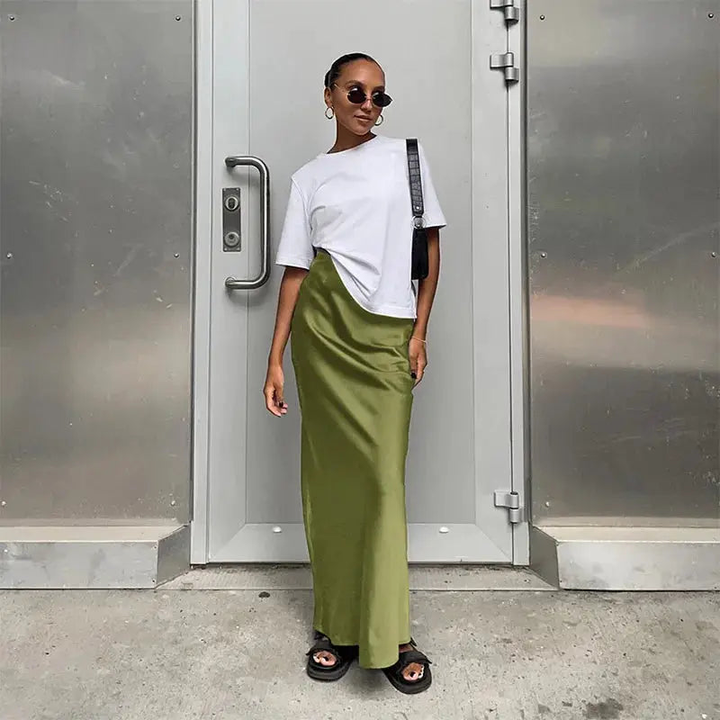 Satin olive-green trumpet skirt by Simples Market, high-waist long women's skirt