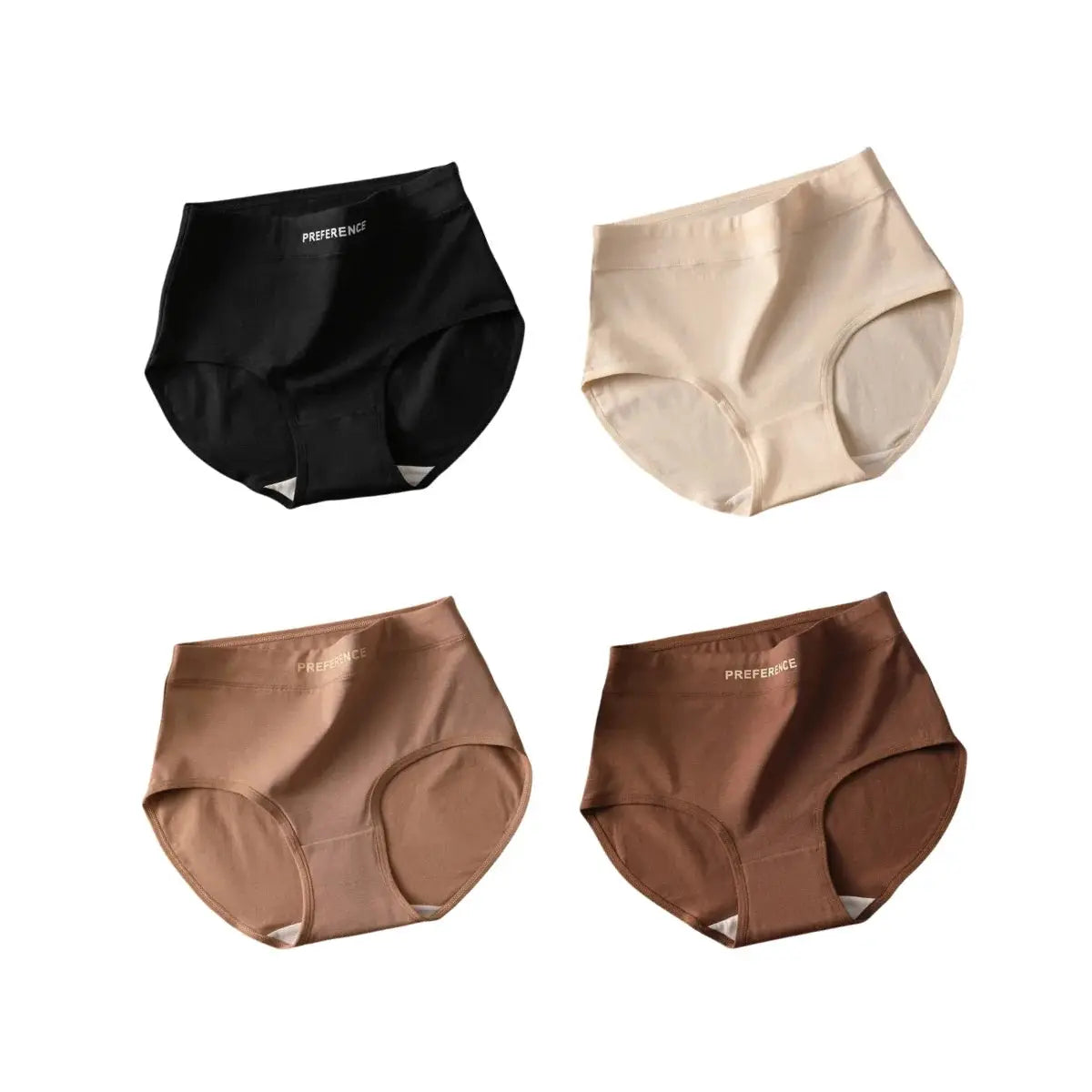 4-pack women's high-waist cotton briefs; tummy-control underwear in black, beige, tan, and brown for plus sizes M-XXL