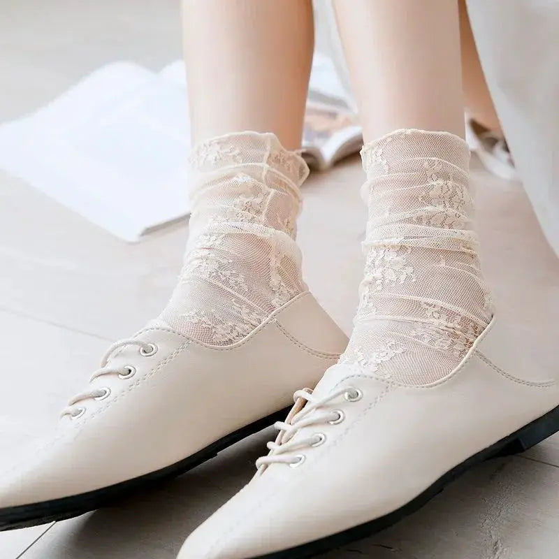 Harajuku Transparent Floral Lace Socks For Women Breathable Mesh All Day Comfort Elastane Nylon