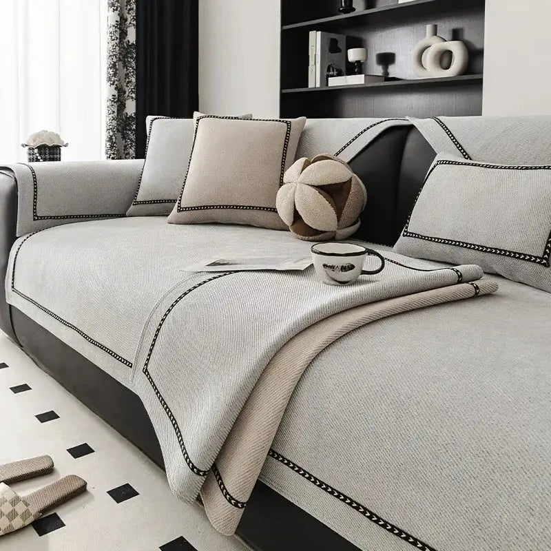 Vintage-Style chenille sofa slipcover in light gray with black piping; fits 1–4 seater by Simples Market