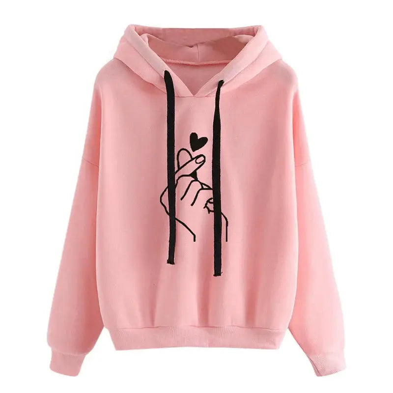 SeoulStyle Autumn Fleece Hoodie Cozy Korean Fashion Sweatshirt For Women With Finger Heart Graphic And Pockets