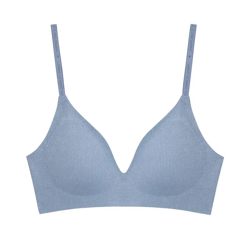 FINETOO light blue wireless bralette with deep V, padded cups, ribbed knit, adjustable straps