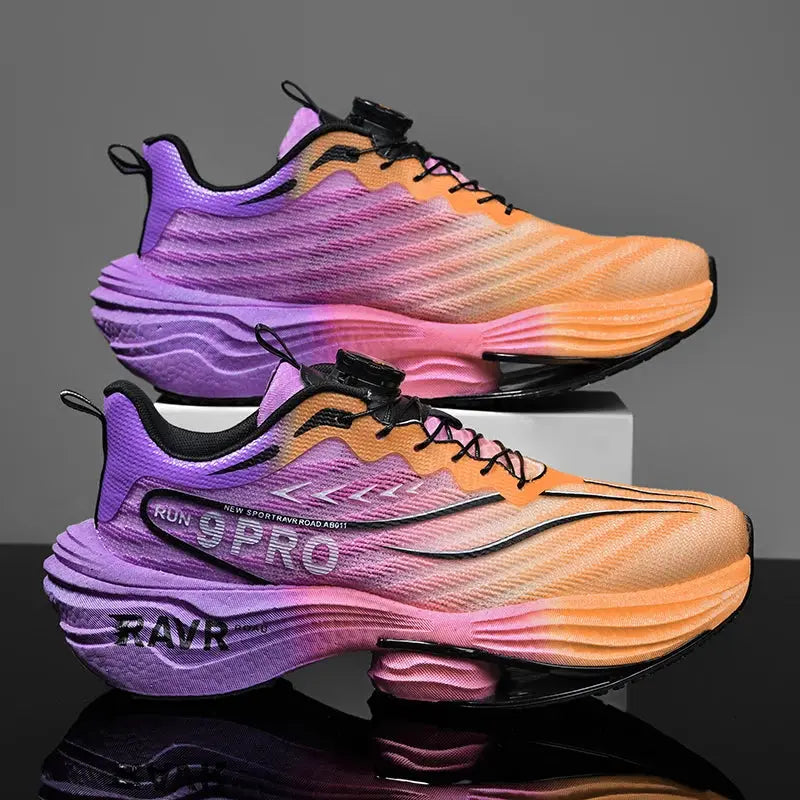 Men's running shoes with gradient orange-to-purple knit upper and cushioned midsole, set of 2