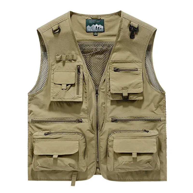 Tan outdoor mesh vest for men with multiple pockets, zippers and sleeveless waistcoat design