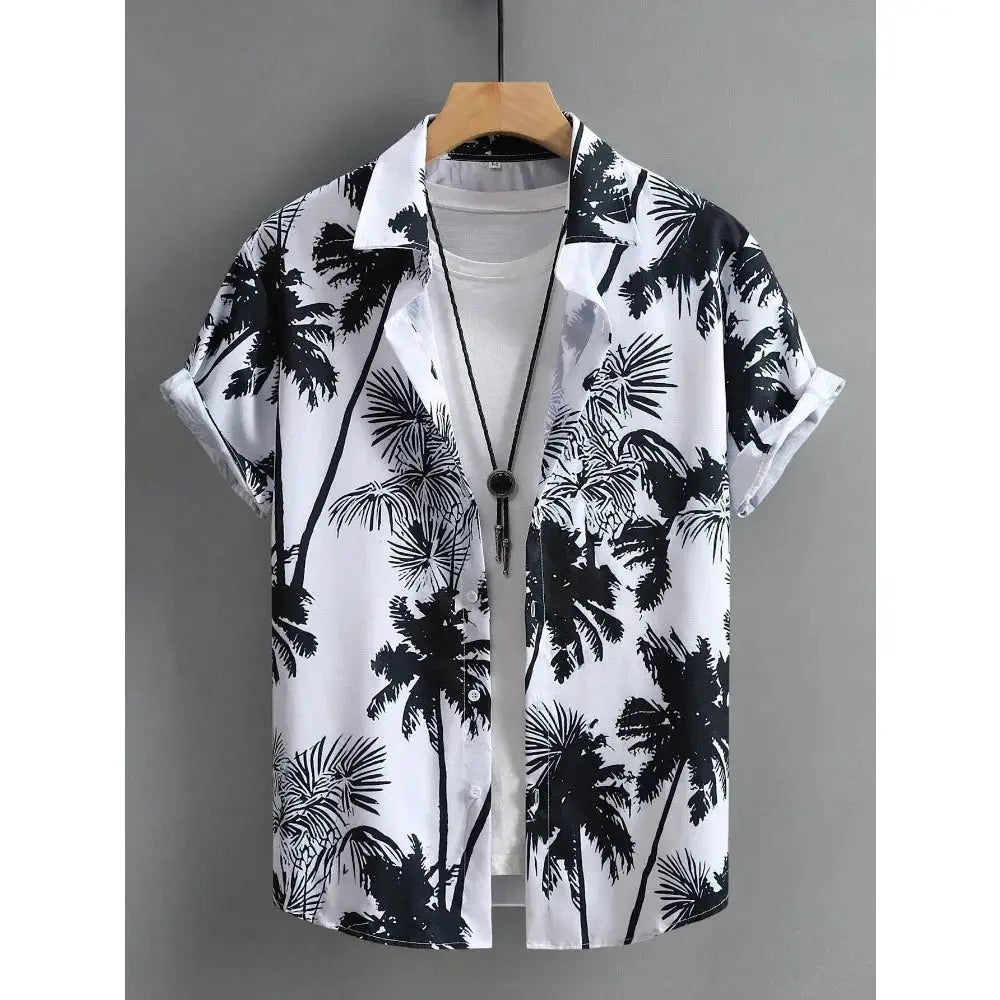 Simples Market Hawaiian print shirt; white with black palm tree pattern, short-sleeve, oversized beachwear