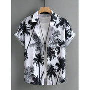 Simples Market Hawaiian print shirt; white with black palm tree pattern, short-sleeve, oversized beachwear