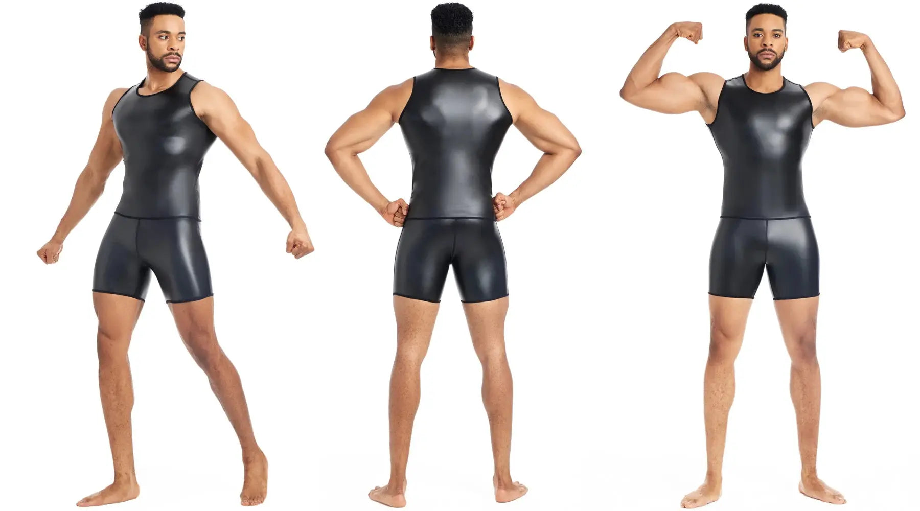 Men's black faux-leather sleeveless shirt and matching shorts set by Simples Market