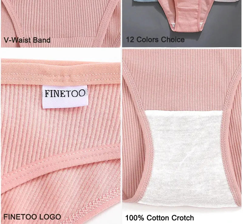 FINETOO 3-piece women's cotton panties set in pink; 12 color options, FINETOO logo tag, 100% cotton crotch