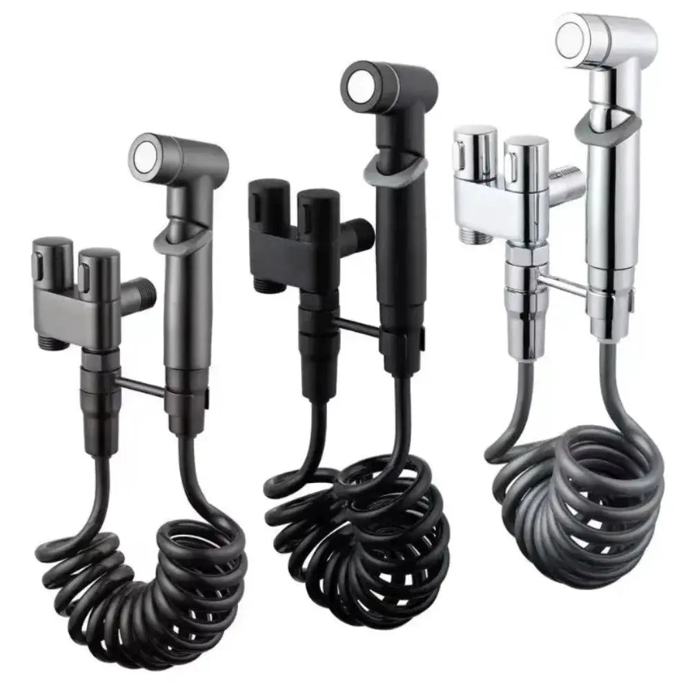 Toilet cleaning bidet set with three handheld sprayers and coiled hoses, black and chrome finishes, by Simples Market