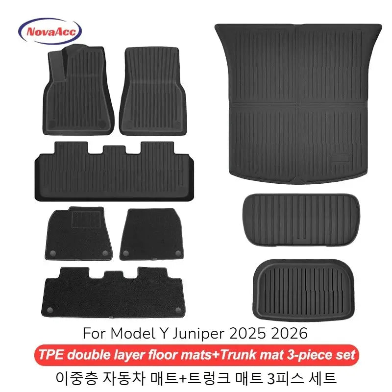 NovaAcc floor mats for Tesla Model Y Juniper 2025–2026 and Model 3; all-weather TPE trunk and cargo liner 3-piece set