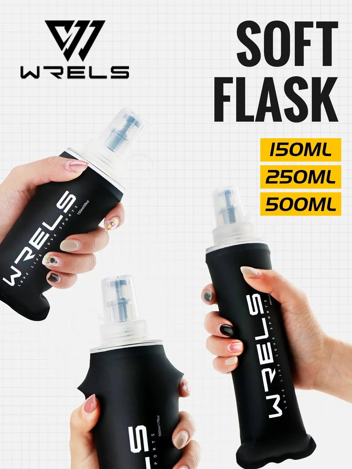 WRELS soft flask bottles set of three; TPU collapsible BPA-free hydration flasks in 150ml, 250ml and 500ml