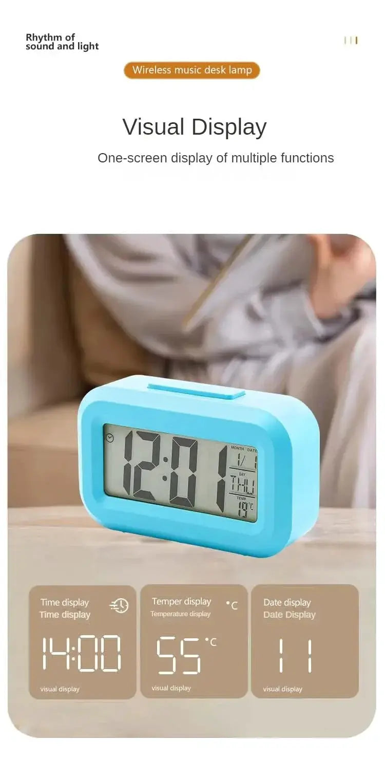 LED digital alarm clock in blue by Simples Market, desk clock with backlight, calendar and temperature display
