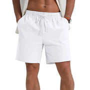 Men's white lightweight cotton-linen shorts with drawstring waist for casual, breathable summer wear.