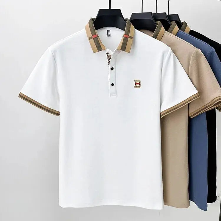 Men's polo shirts set of five; white polo with beige striped collar and B logo, assorted colors