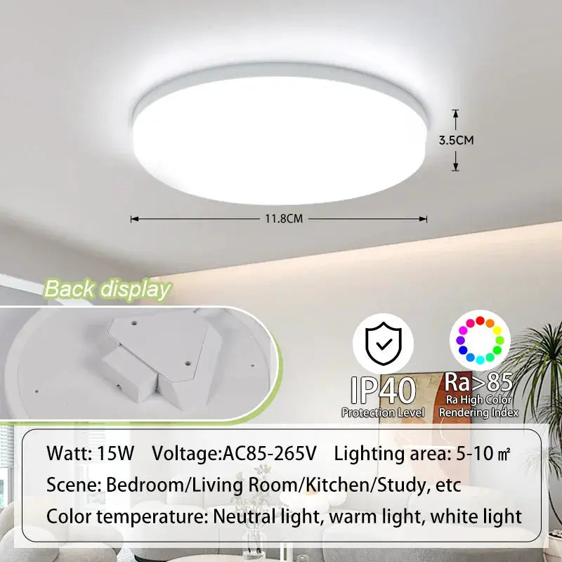 LED ceiling lamp round ultra-thin panel light, 15W, 11.8 cm dia, for bedroom/kitchen.
