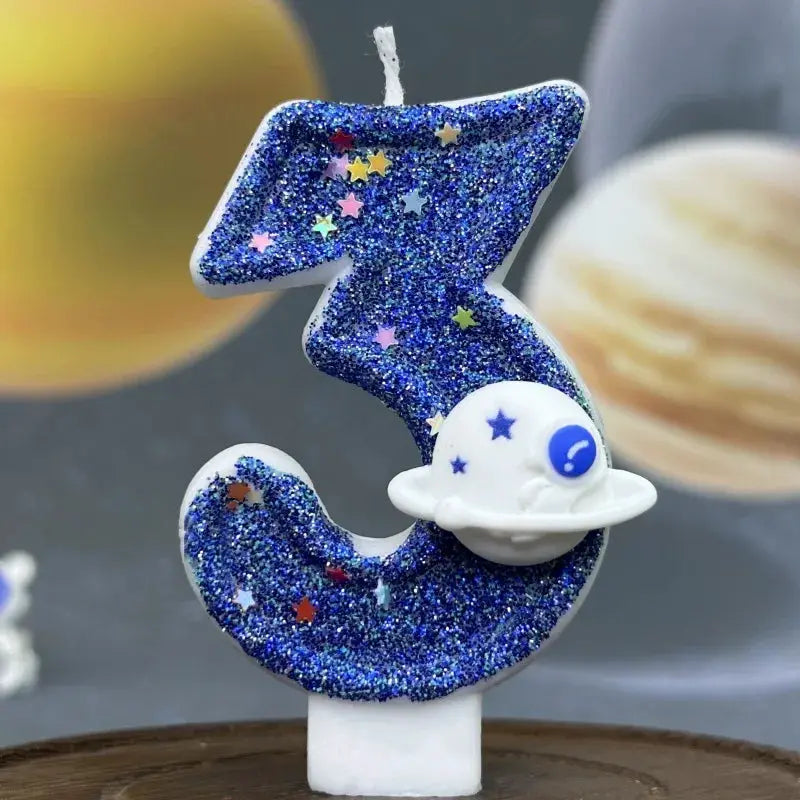 Planet Themed Spaceship Digital Candle 0 To 9 Dark Blue Birthday Cake Decoration For Outer Space Party