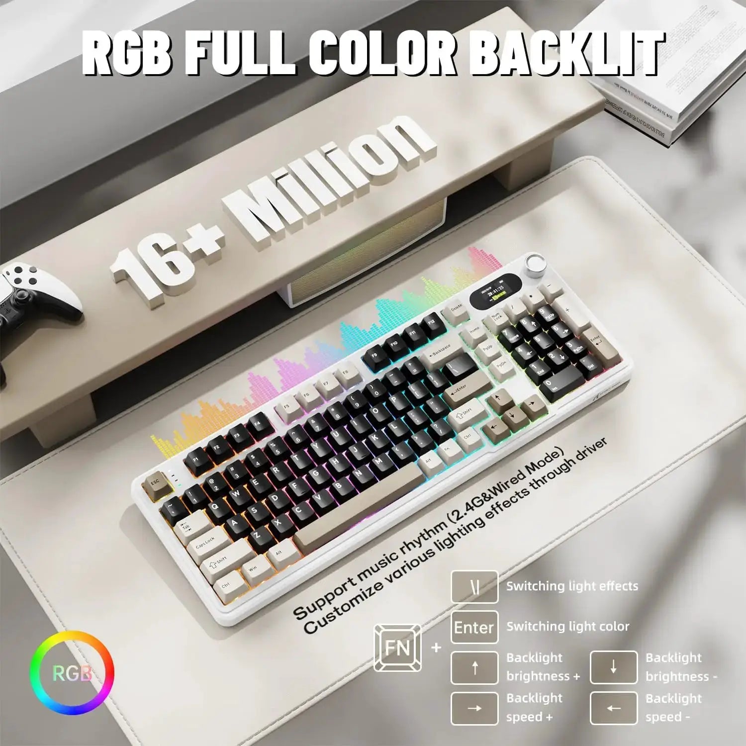 Attack Shark X98Pro wireless mechanical keyboard with screen and knob, white chassis and RGB backlit keys