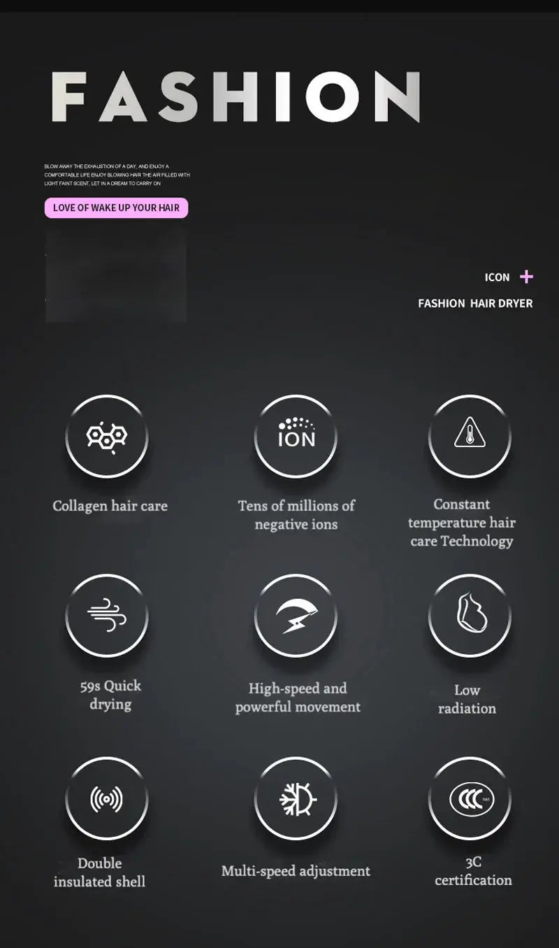 New High-Speed Hair Dryer fashion poster by Simples Market; dark backdrop with nine white circular feature icons.