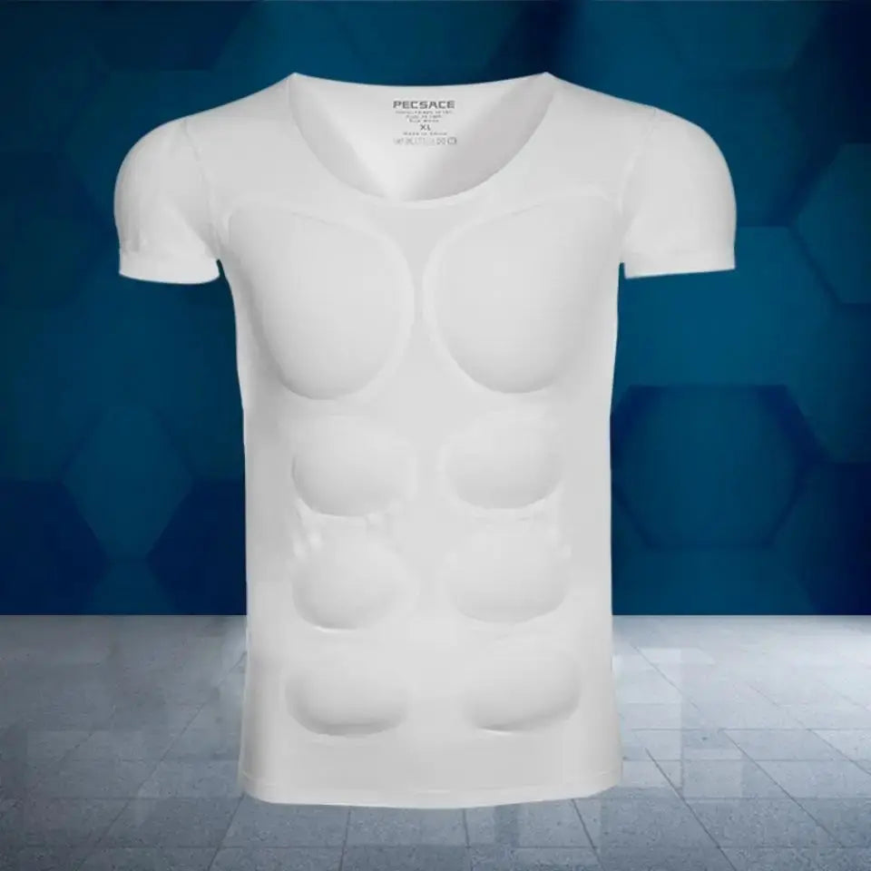Men's white short-sleeve body shaper undershirt with molded ABS chest panels for cosplay