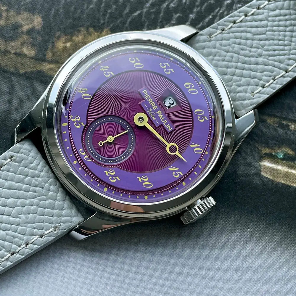 Pierre Paulin Jumping Hour men's watch with purple dial, stainless steel case, gray leather strap, date window, 38mm