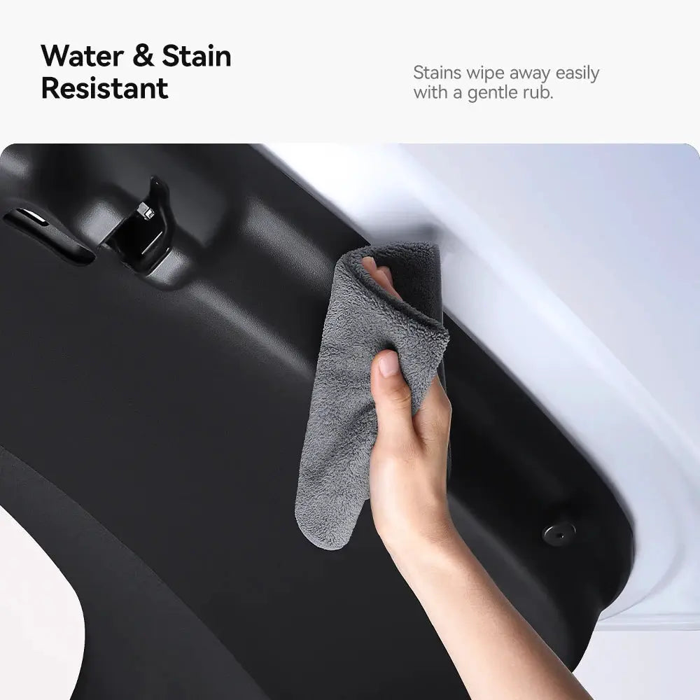 Rear trunk mat for Tesla Model Y, gray TPE, being wiped with cloth