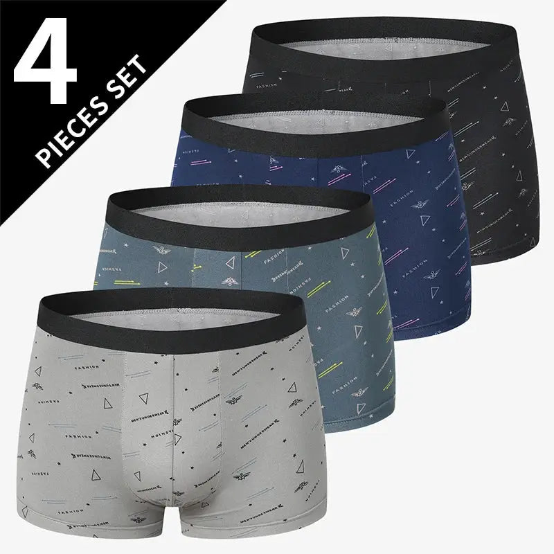 4-pack men's printed boxer briefs with black waistbands in grey, teal, blue and black geometric patterns