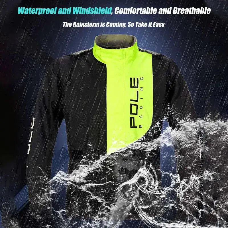 POLE motorcycle raincoat set: neon yellow/black waterproof breathable jacket with reflective panels and rain pants.