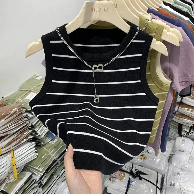 AOSSVIAO 2026 Summer Knit Vest For Women Striped Slim Fit Sleeveless Waistcoat With Turtleneck Collar
