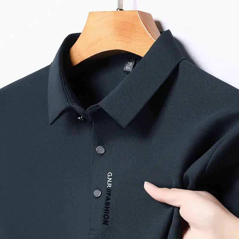Men's navy solid polo shirt, short sleeves, breathable textured fabric, GNR FASHION