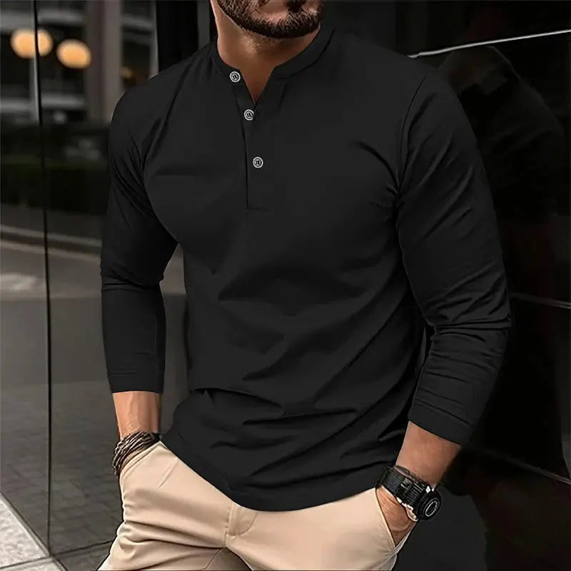 Men's black long-sleeve henley polo shirt with a 3-button placket.