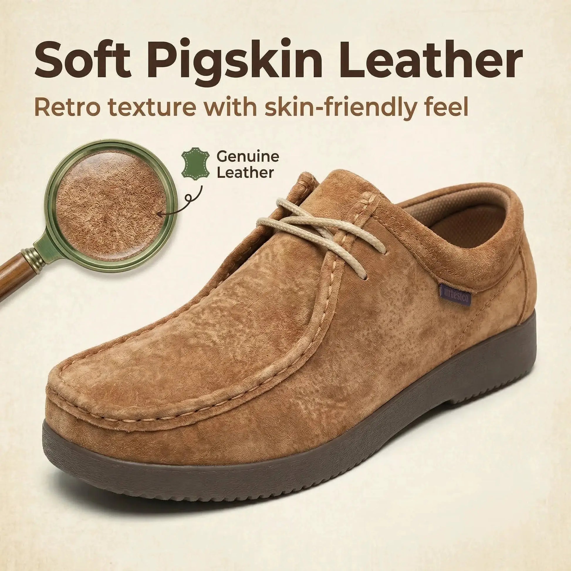 Brown suede men's loafers with cream laces and hand-sewn moccasin stitching