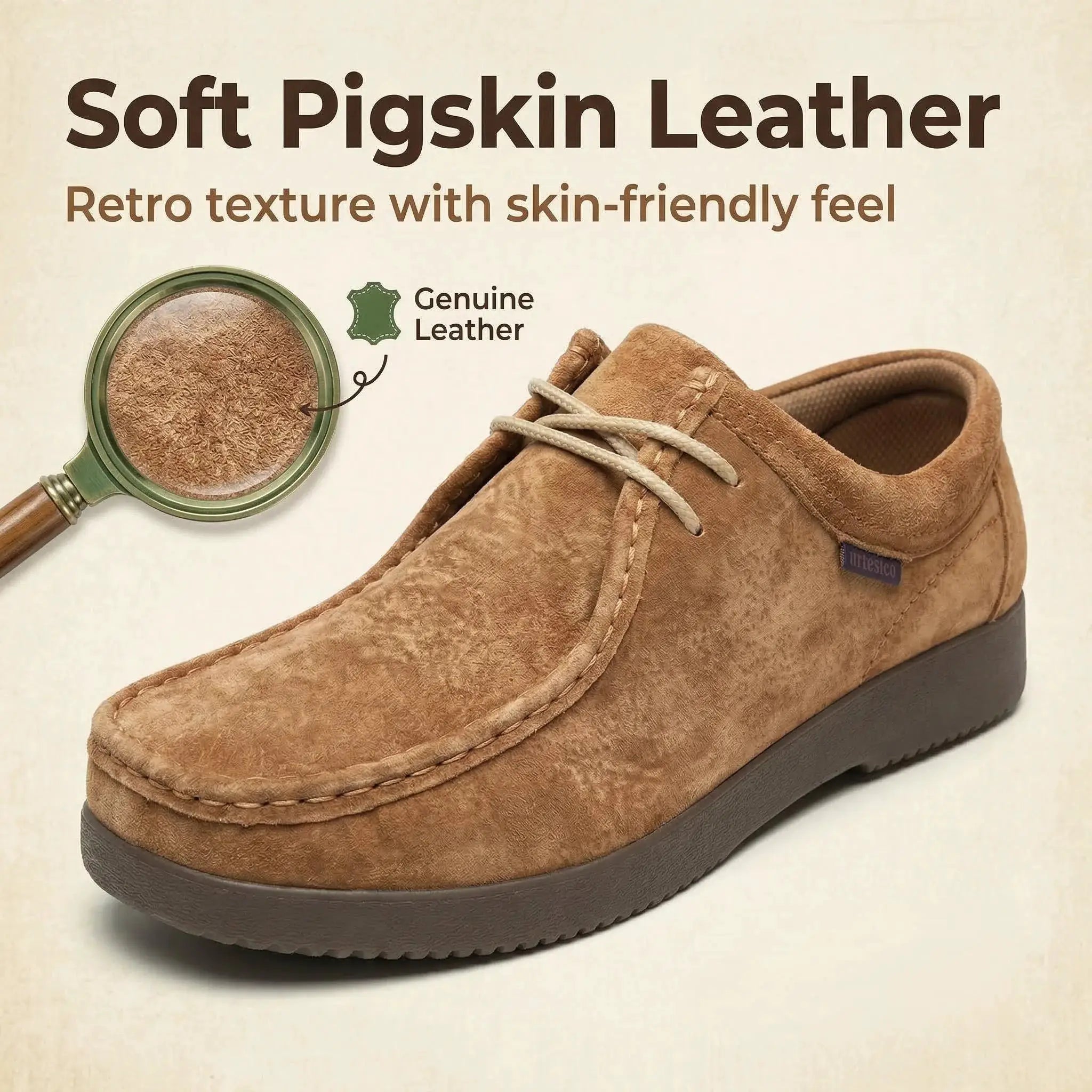 Brown suede men's loafers with cream laces and hand-sewn moccasin stitching