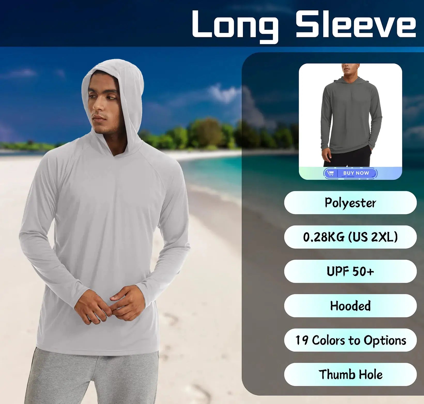 Men's hooded long-sleeve top, polyester fabric in white/gray color options