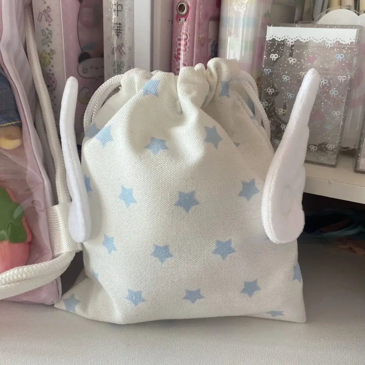 Star Pattern Drawstring Canvas Bag With Rope Closure Portable Dustproof Storage For Cosmetics And Stationery