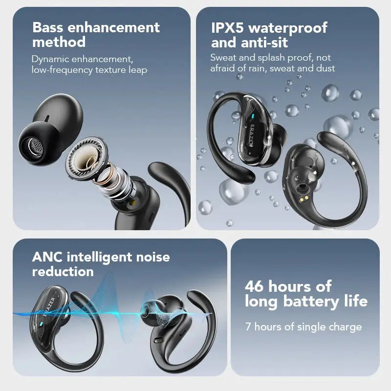 ERAZER XT80pro TWS AI Bluetooth earphones with earhooks and ANC, black pair by Simples Market