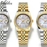 Addies luxury women's watches; three stainless steel bracelets in silver, gold, and two-tone colors.