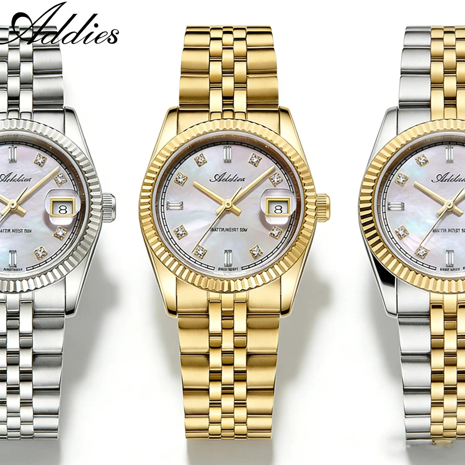 Addies luxury women's watches; three stainless steel bracelets in silver, gold, and two-tone colors.