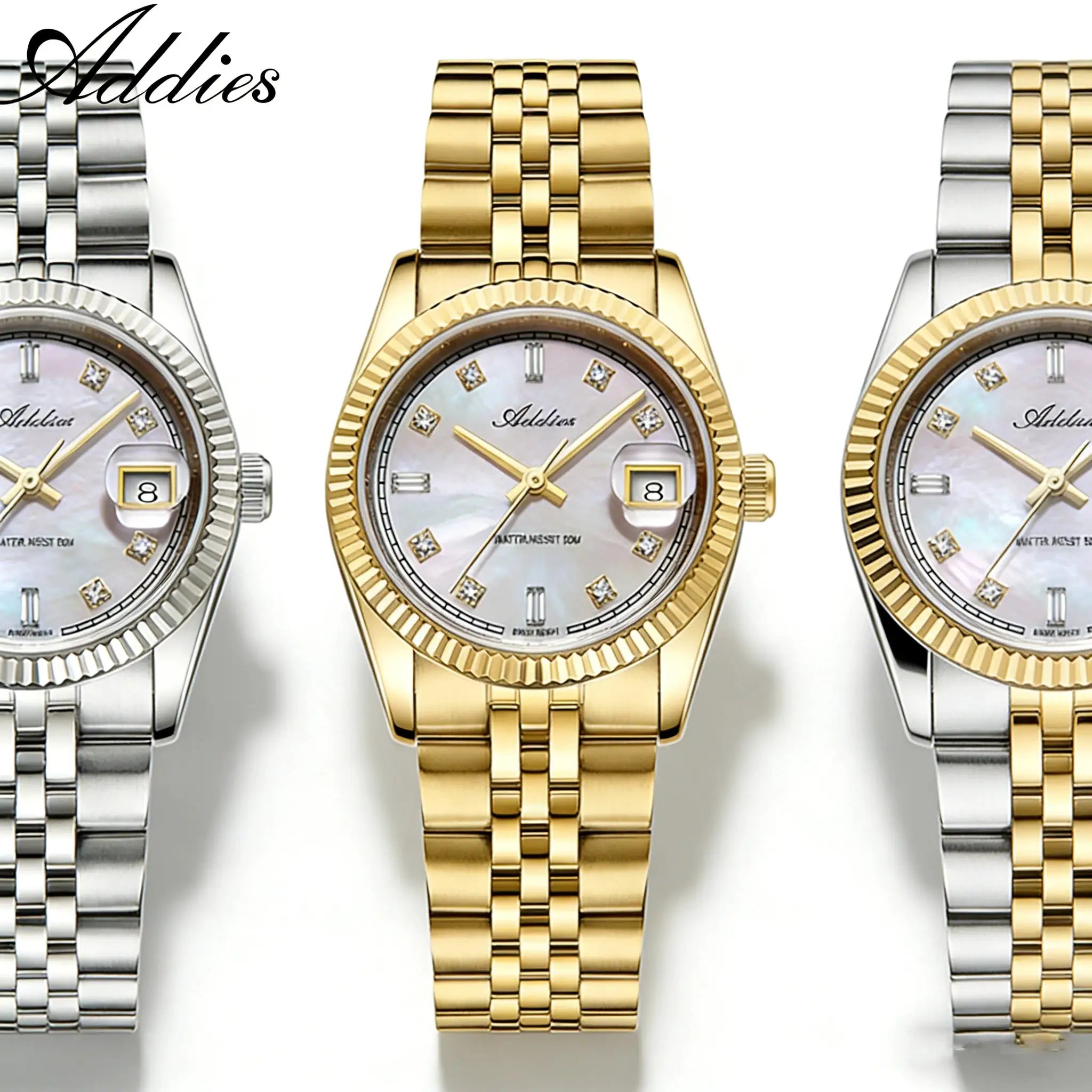 Addies luxury women's watches; three stainless steel bracelets in silver, gold, and two-tone colors.