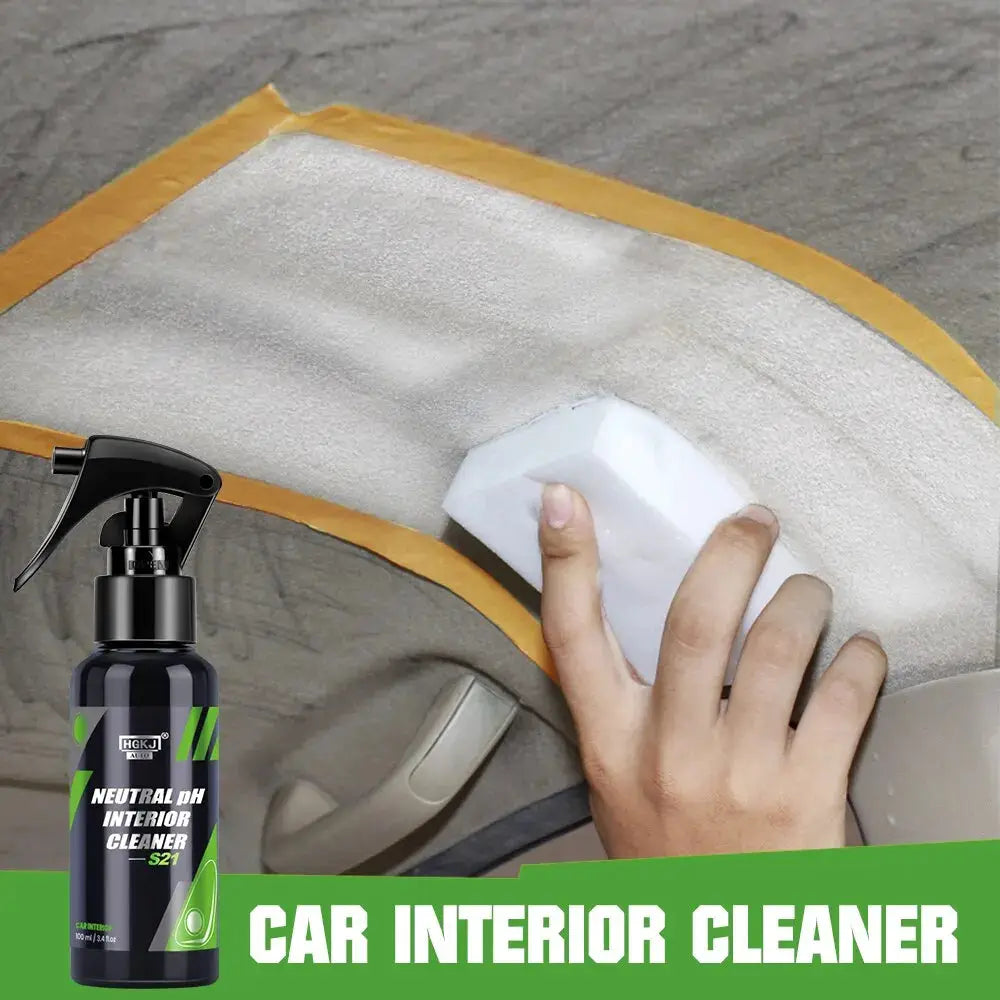 HGKJ car interior cleaner spray bottle, neutral pH, water-free foam; black bottle with green label.
