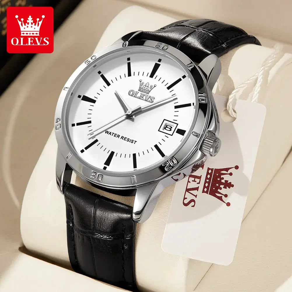 OLEVS men's watch with white dial, stainless steel case and black leather strap, date window, water resistant