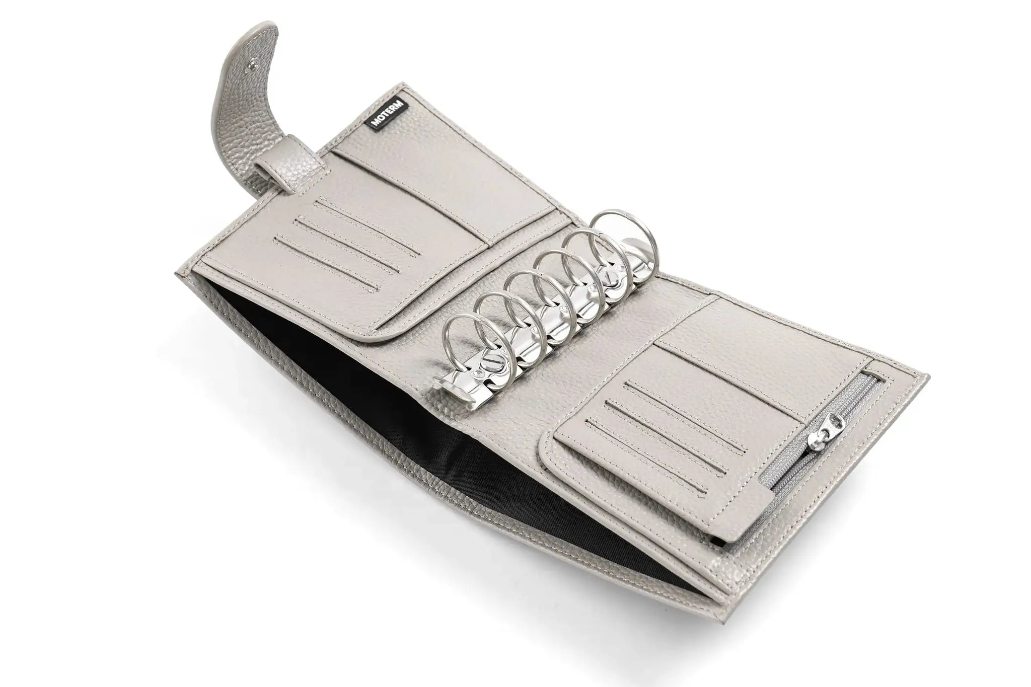 Moterm Luxe 2.0 pocket planner in pebble-grain gray leather with 30mm rings and card slots