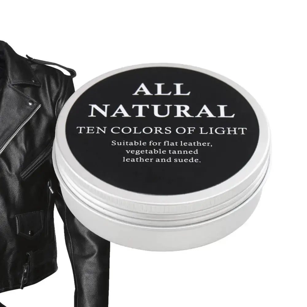 Leather care cream tin, white jar with black lid labeled All Natural Ten Colors of Light