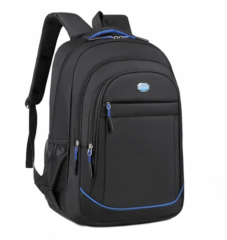 Backpack by Simples Market, black large-capacity bag with blue zipper accents and multiple pockets.