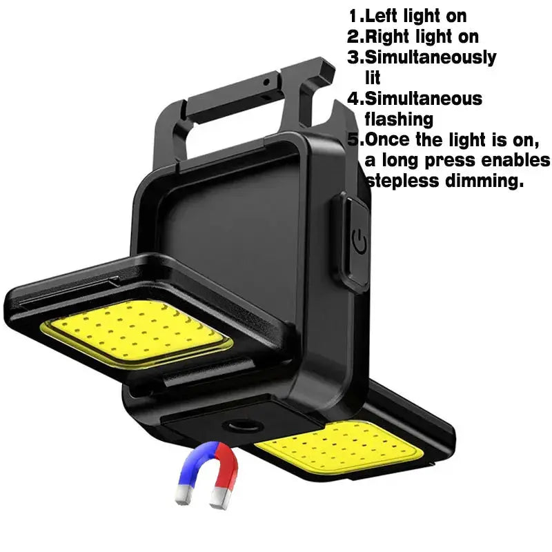 Simples Market mini flashlight keychain light, black USB-rechargeable COB work lamp with 90° foldable side panels