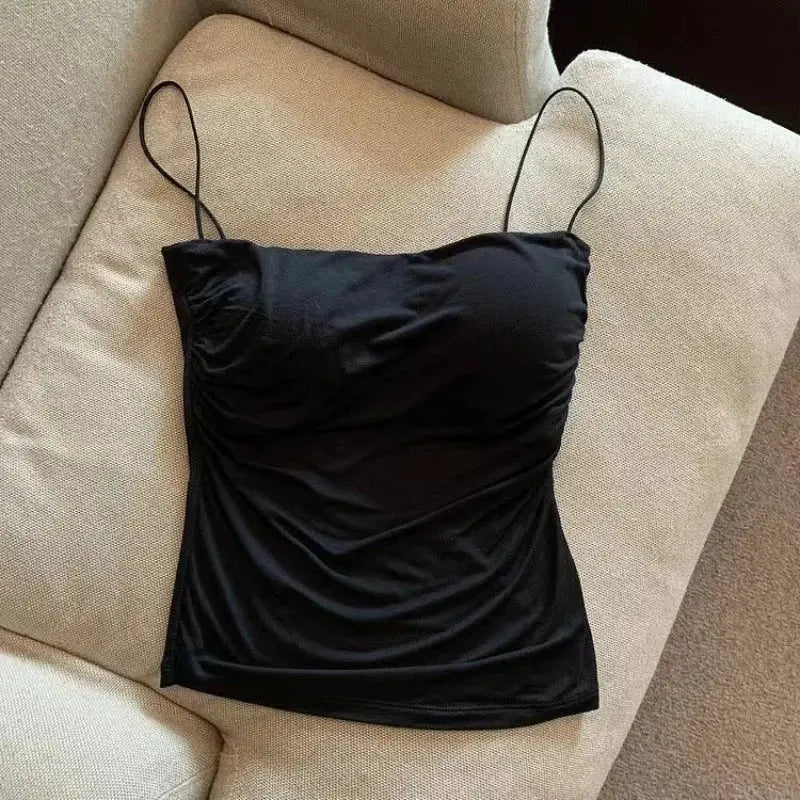 White Sleeveless Tank Top With Thin Straps Fitted Camisole Korean Style Women Underwear Layering Top