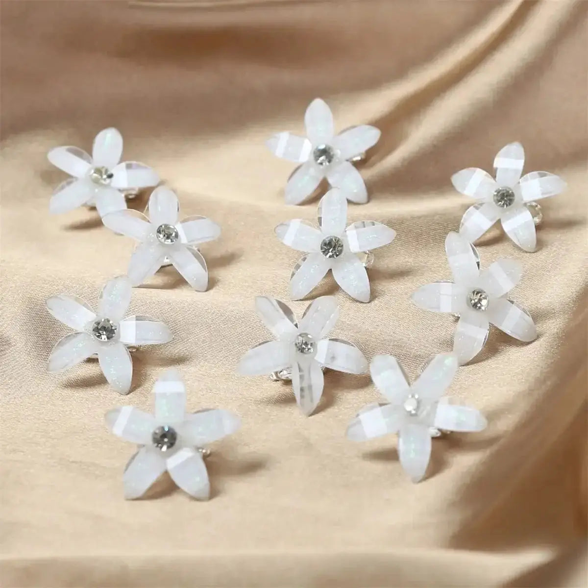 10 pcs white flower hair clips with rhinestone centers for everyday styling