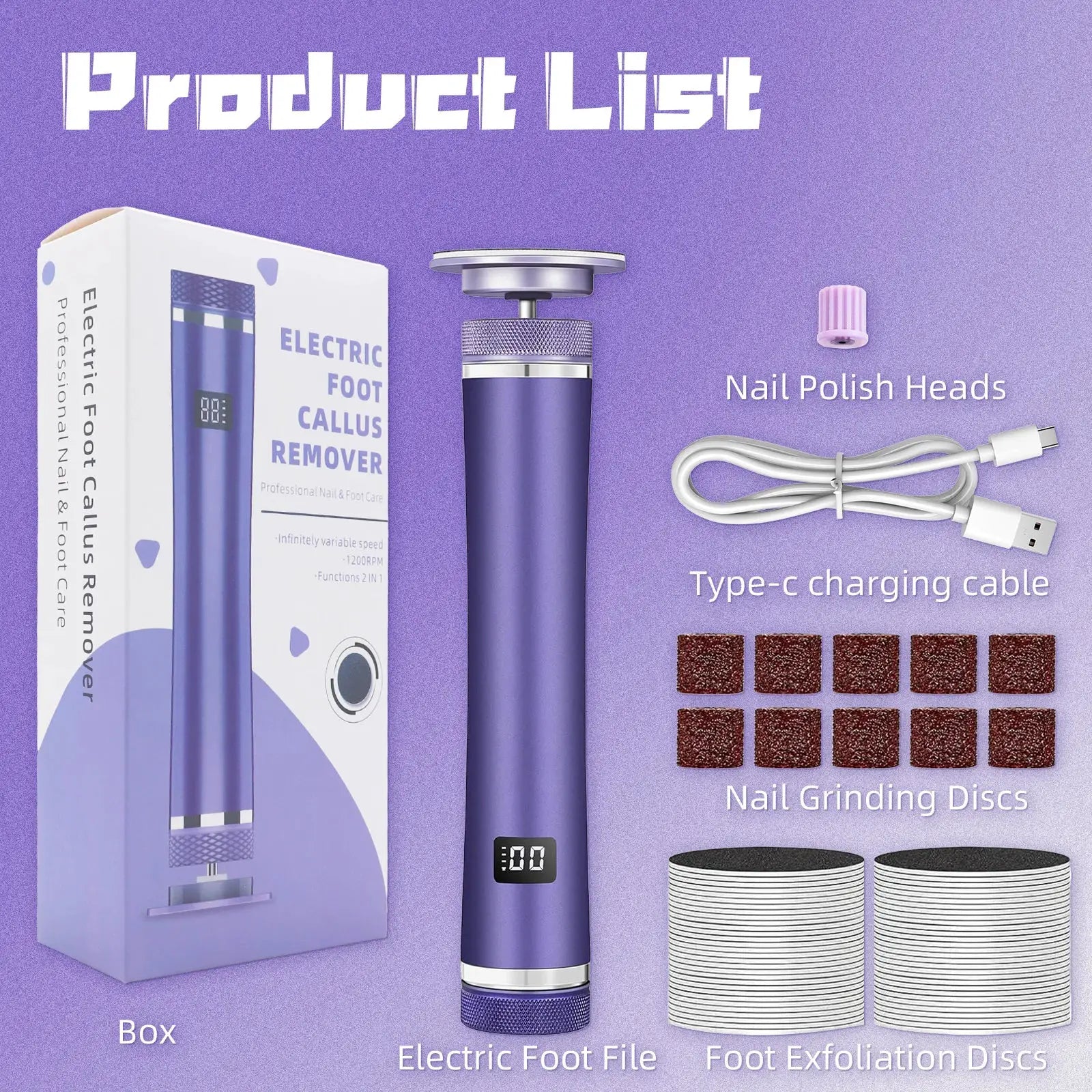 Simples Market USB rechargeable electric foot callus remover with purple handle and 60 replacement sandpaper discs