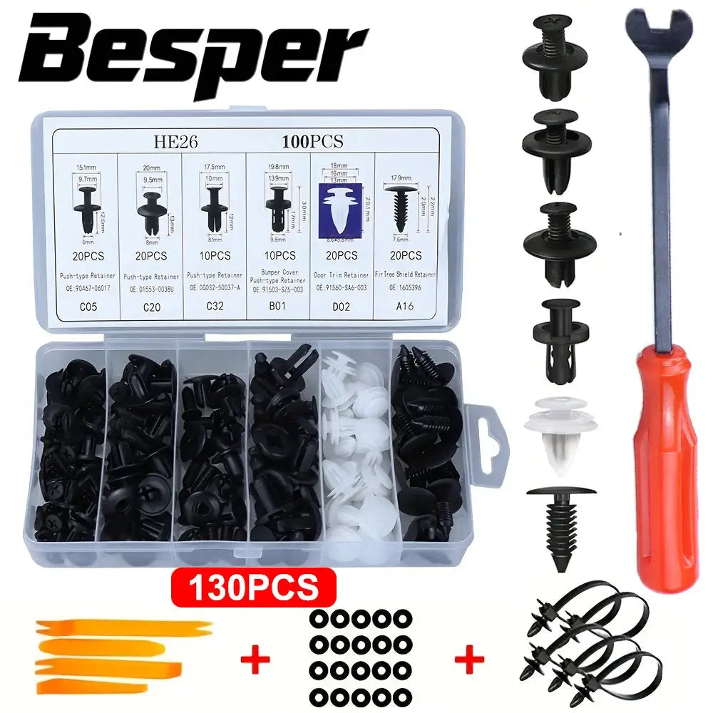 130PCS bumper retainer clips kit by Besper with fastener remover for car door trim panels; black clips and white spacers