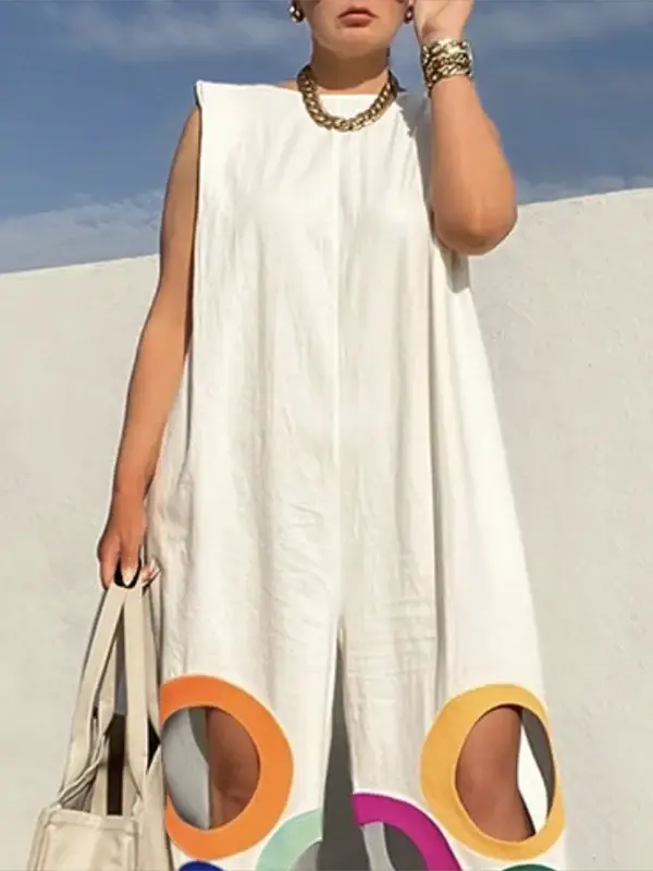Yeezzi women's white sleeveless wide-leg jumpsuit with rainbow hollow circular hem cutouts